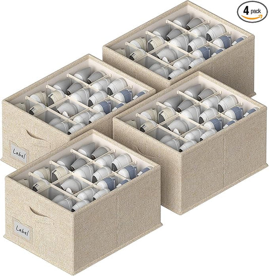 FHSQX 4 Pack Shoe Organizer for Closet,Foldable Shoe Organizer,Fits up to 48 Pairs,Storage Containers With Bottom Support for Shoes (Beige, (16.5 * 12.6 * 9.5) x4)