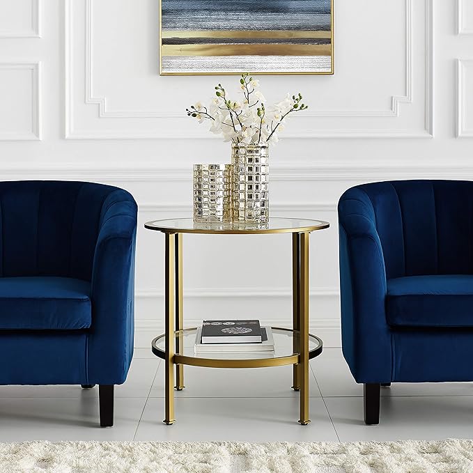 Crosley Furniture Aimee Small Side End Table with Storage Shelf for Living Room, Gold and Glass