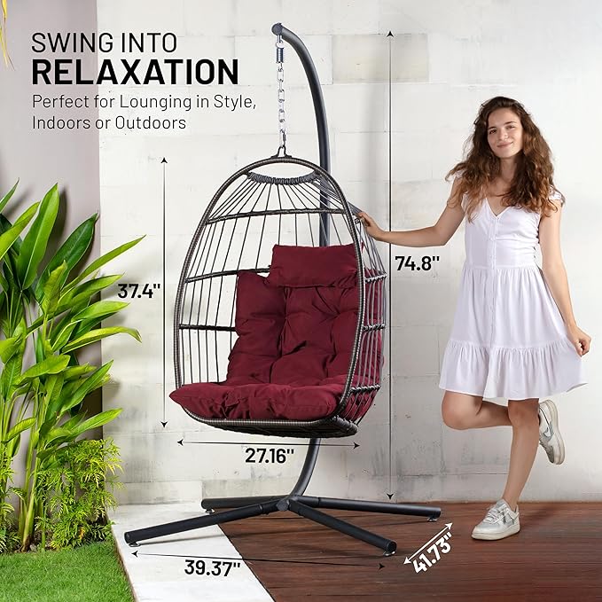 SereneLife Egg Chair with Stand – Hanging Rattan Wicker Swing for Indoor Outdoor Use – 350 lbs Capacity, Breathable Cushion & Headrest – Patio, Balcony, Porch, Bedroom Lounge Furniture