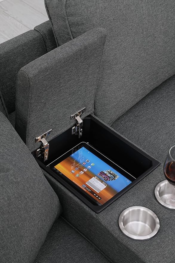 Ball & Cast 127" L-Shaped Sectional Couch with Movable Ottoman and 6 Throw Pillow,7 Seat Chenille Upholstered Sofa W/ 2 Cup Holders,USB Port and Hidden Storage Box,DIY Combination,for Living Room,Gray