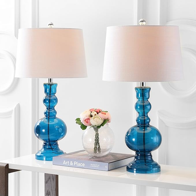 JONATHAN Y 28.5" Night Blue Glass Table Lamp Set of 2 for Living Room Bedroom Decor, Modern Bedside Lamps with White Linen Shade, LED Bulbs Included (JYL1061C-SET2)