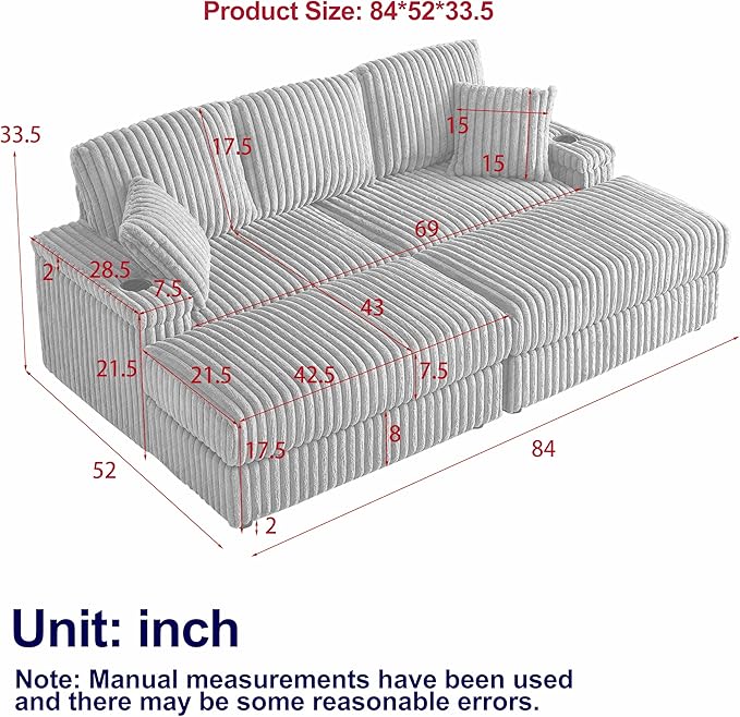 Corduroy Upholstered Modular Sectional Sofa Cloud Couch with Movable Ottoman, 84" Oversized Loveseat Convertible Sleeper Sofabed with 3 Cushion Backrest and Throw Pillows