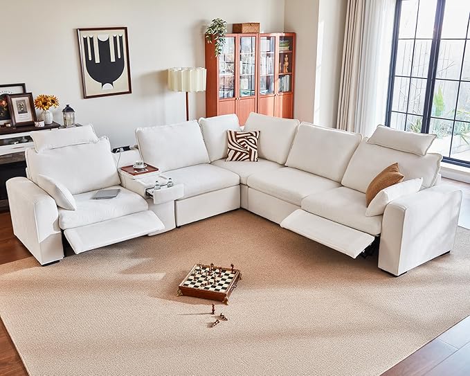 Oversized Modular Sectional Sofa with Double Power Recliner, Cloud Reclining Couch with Headrest, Storage Drawer Charging Cup Holders, Deep L-Shaped 6 Seater with Corner, Chenille, White