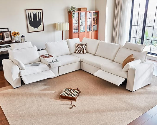 Oversized Modular Sectional Sofa with Double Power Recliner, Cloud Reclining Couch with Headrest, Storage Drawer Charging Cup Holders, Deep L-Shaped 6 Seater with Corner, Chenille, White