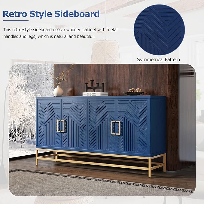 Ball & Cast 59.8" Sideboard Buffet Cabinet with Storage,Modern Coffee Bar Cabinet with 4 Doors and Adjustable Shelves,Wood Side Board Table with Gold Handles & Metal Legs for Living Room, Kitchen,Navy