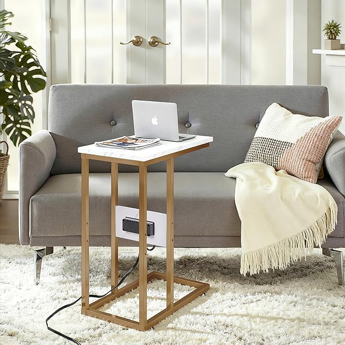 VECELO C-Shaped End Side Table with Charging Station & 2 USB Ports and Outlets for Living Room, Bedroom, with Adjustable Feet for Couch Sofa, Bedside, Small Spaces， Gold
