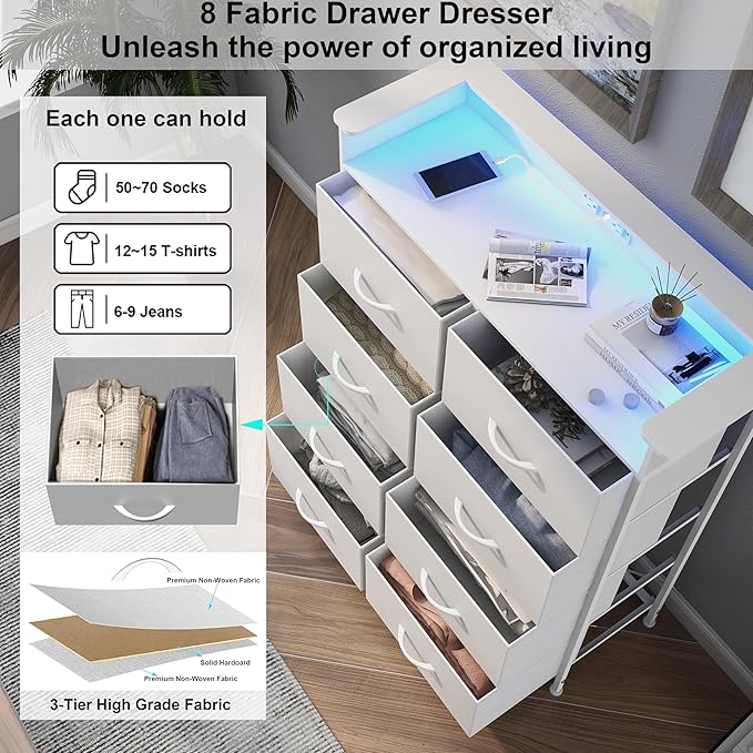 White Dresser for Bedroom with Power Outlets and LED Lights Narrow 8 Fabric Drawers Dressers Tall Storage Tower Unit for Entryway Closet Hallway Living Room Sturdy Steel Frame Wooden Top