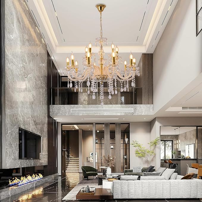 YYSHCHEN Gold Large Crystal Chandelier,30.7" Classic Large Chandelier for Dining Room, Living Room,Bedroom,Hallway,High Ceilings 15 Lights.