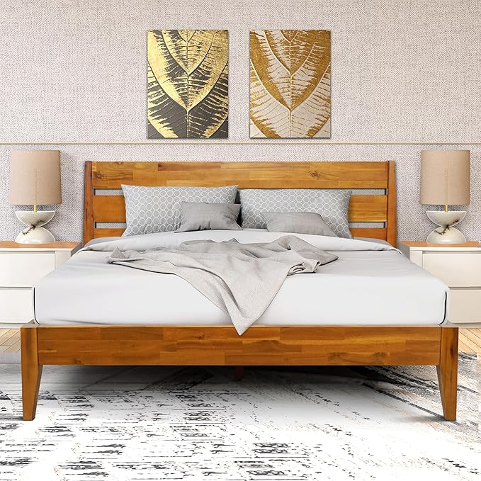 Acacia Emery Bed Frame with Headboard Solid Wood Platform Bed, King Size Bed Frame, Mid - Century Modern Wood Bed Compatible with All Mattresses, Easy Assembly, Non-Slip (Caramel, Queen)