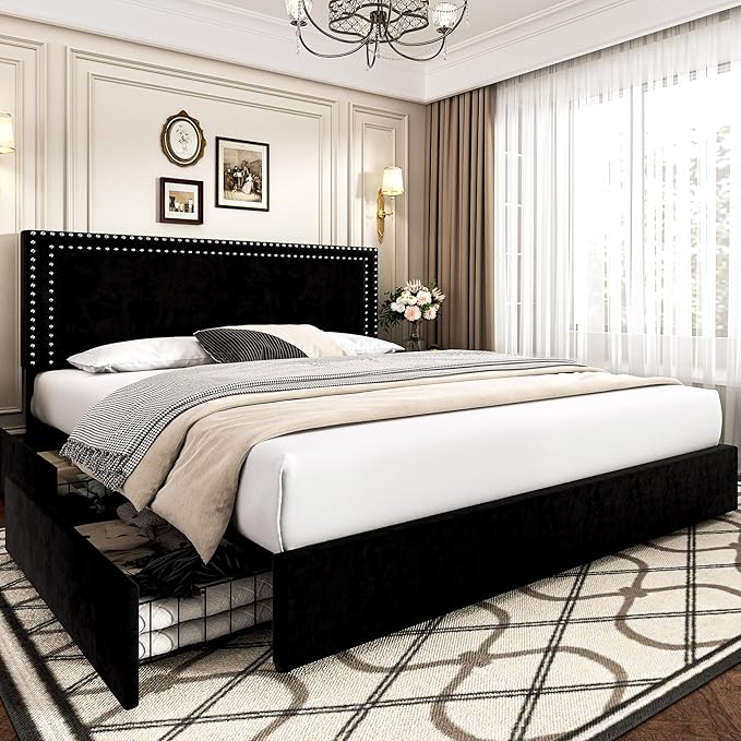 VECELO Full Size Upholstered Platform Bed Frame with 4 Storage Drawers, Adjustable Velvet Rivet Decor Headboard, Wooden Slats Support, No Box Spring Needed, Easy Assembly