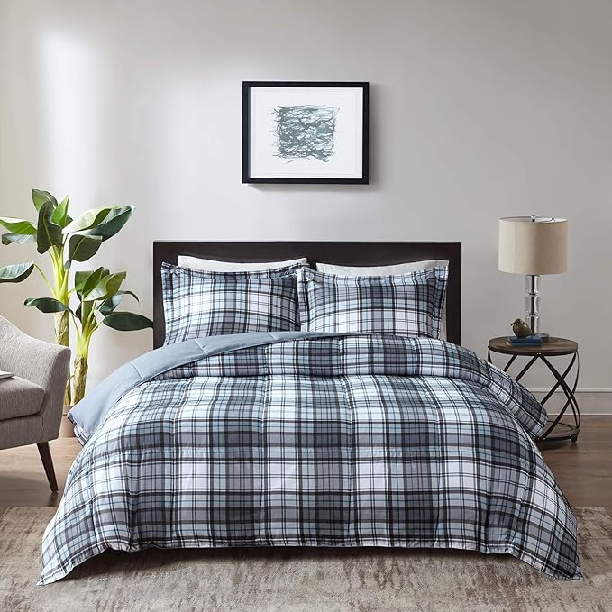 Madison Park Essentials Parkston Plaid Comforter, Matching Sham, 3M Scotchguard Stain Release Cover, Hypoallergenic All Season Bedding-Set, King/California King, Grey, 3 Piece