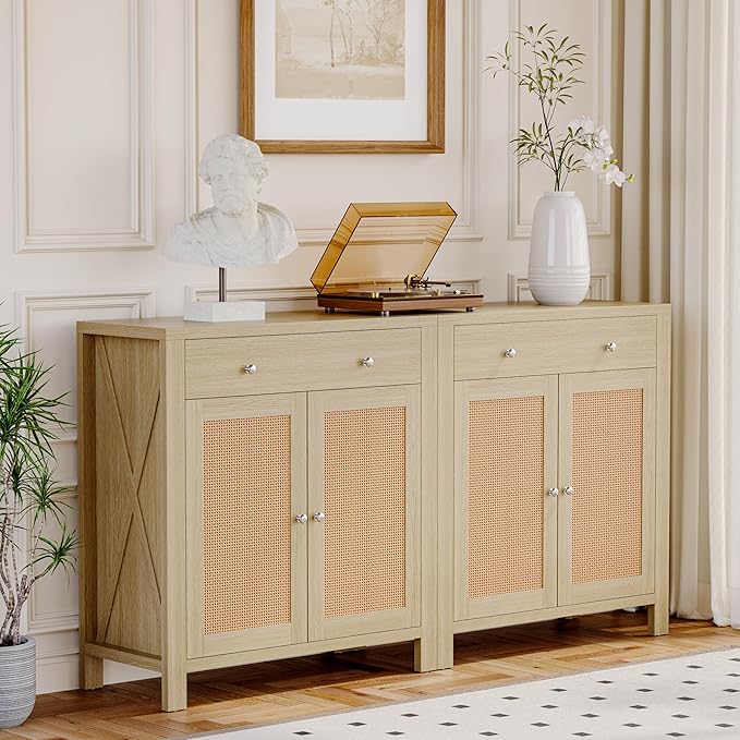 31" Sideboard Buffet Cabinet, Farmhouse Kitchen Buffet Cabinet with Storage and Drawers, Cabinets with Doors and Adjustable Shelves, Rattan Sideboard Storage Cabinets for Kitchen, Living Room