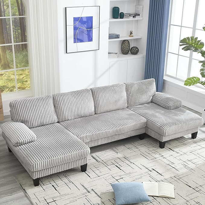 Eafurn Symmetrical U Shaped Sectional Sofa with Double Chaise Lounge,Modern Corduroy Upholstered Oversized Corner Couch, Deep Seat Comfy 4-Seater Sofa w/Pillow-top Armrest for Living Room