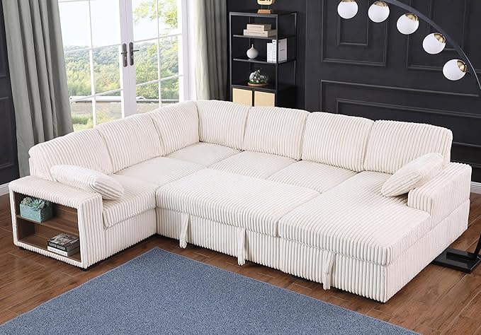 ERYE 117-Inch Oversized U-Shaped Pull Out Sleeper Couch Bed, Modern U Shaped Sleeper Sectional Sofa Corner Convertible Sofa Bed with Storage Chaise and Cabinet for Living Room