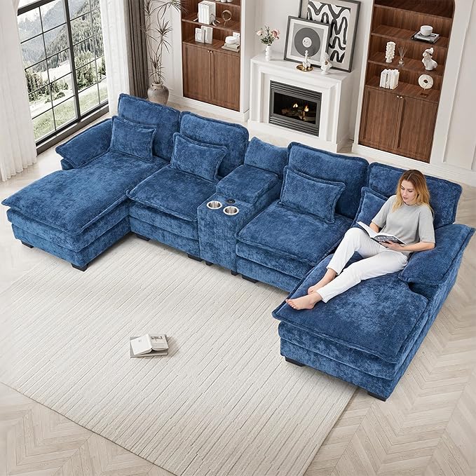 133" Oversized U Shaped Cloud Couch Modular Sectional Couches for Living Room Comfy Chenille Deep Seat Sofa Set with Double Chaise Lounge, Storage Central Console, Cup Holders, USB Port, Blue