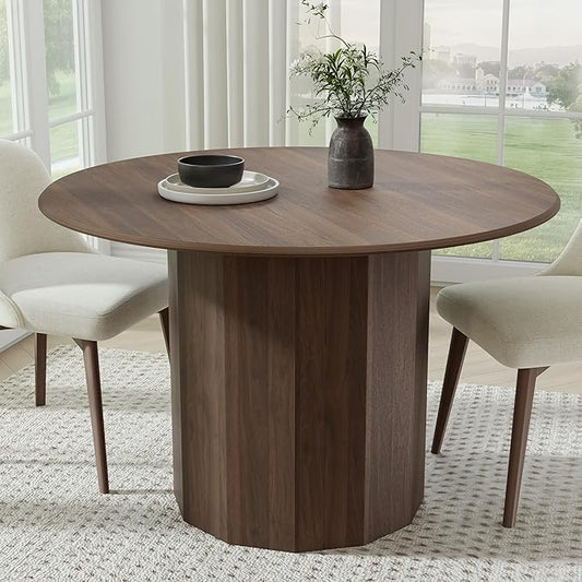 Casaphoria 46" Round Dining Table, Modern Wood Kitchen Table with Cylinder Polygonal Base for Living Room & Dining Room, Easy Assembly Farmhouse Furniture for 4-6, Walnut