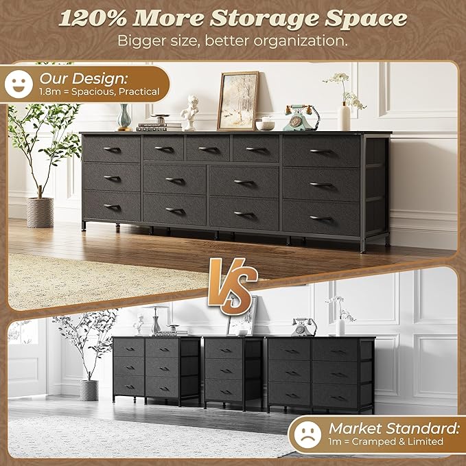 Huuger 70 Inch Dresser for Bedroom, TV Stand for 65, 75, 80 Inch TV, 13 Fabric Drawer Long Dresser, Wide Chest of Drawer, Black Storage Units for Bedroom