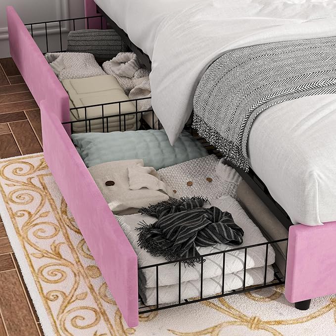 VECELO Queen Size Upholstered Platform Bed Frame with 4 Storage Drawers, Adjustable Velvet Rivet Decor Headboard, Wooden Slats Support, No Box Spring Needed, Easy Assembly