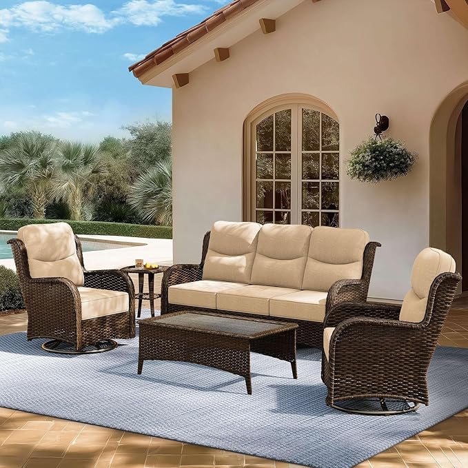 High Back Outdoor Furniture with Extra Thick Cushion Patio Swivel Rocking Chairs, Comfort 3-Seat Sofa, 5PCS Oversized Wicker Conversation Set for Porch, Deck, Yard in Beige