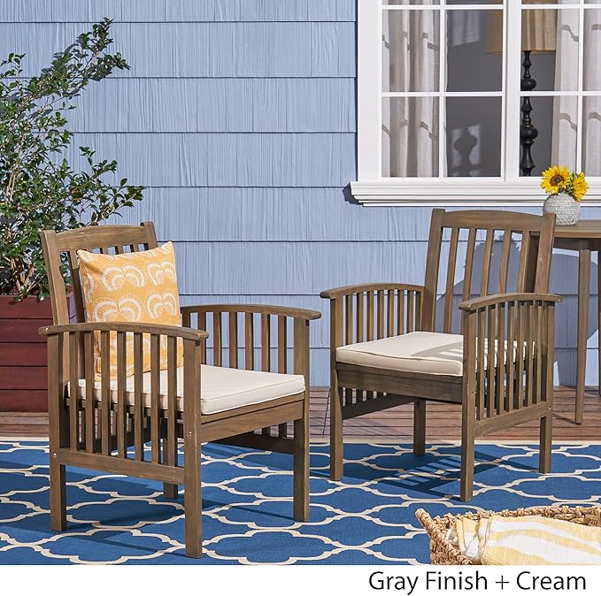 Great Deal Furniture Phoenix Acacia Patio Dining Chairs, Acacia Wood with Outdoor Cushions, Gray and Cream (Set of 2), (307163)