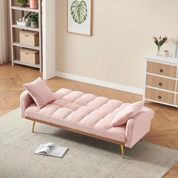 Eafurn Padded Convertible Futon Sofa Bed, Teddy Fleece Fabric Futons Loveseat Couch with Adjustable Backrest, Folding Sleeper Recliner Sofabed for Living Room Furniture | Golden Legs, Wood Frame