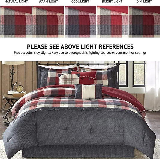 Madison Park Ridge Comforter Set - Cabin Lodge Plaid Herringbone Design, All Season Down Alternative Cozy Bedding with Matching Bedskirt, Shams, Decorative Pillow, Red Cal King(104"x92") 7 Piece