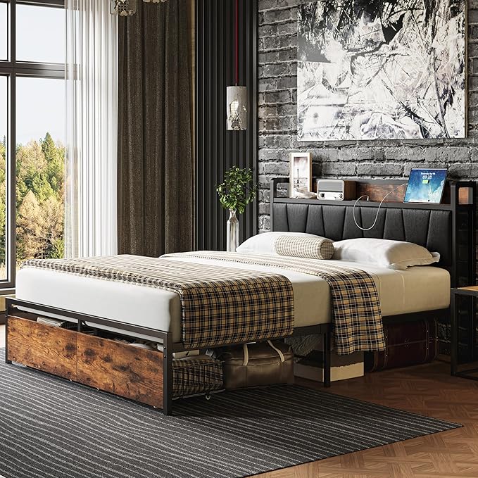 LIKIMIO Full Size Bed Frame, Storage Headboard with Charging Station, Platform Bed with Drawers, No Box Spring Needed, Easy Assembly, Vintage Brown and Black