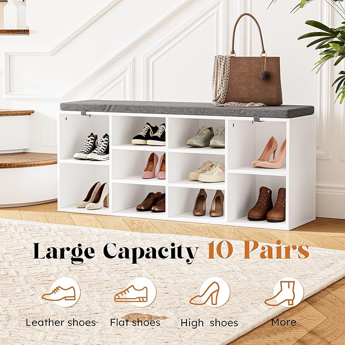 Shoe Bench, Storage Bench with Padded Seat, 10 Cubbies Storage Entryway Bench, for Living Room, Bedroom, Hallway,White