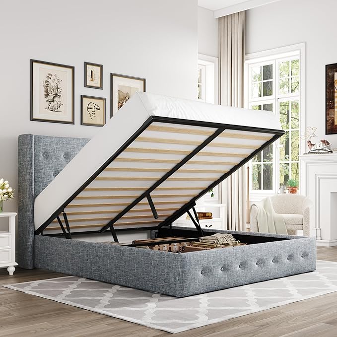 Allewie Queen Size Lift Up Storage Bed, Button Tufted Headboard with Wingback, Hydraulic Support, No Box Spring Needed, Grey Blue