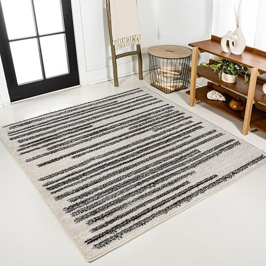 JONATHAN Y Khalil Modern Berber Stripe Cream/Black 8x8 Square Indoor Area Rug, Contemporary, Bohemian, Easy-Cleaning for Living Room, Bedroom, Kitchen, Pet Friendly, Non-Shedding (MOH207A-8SQ)