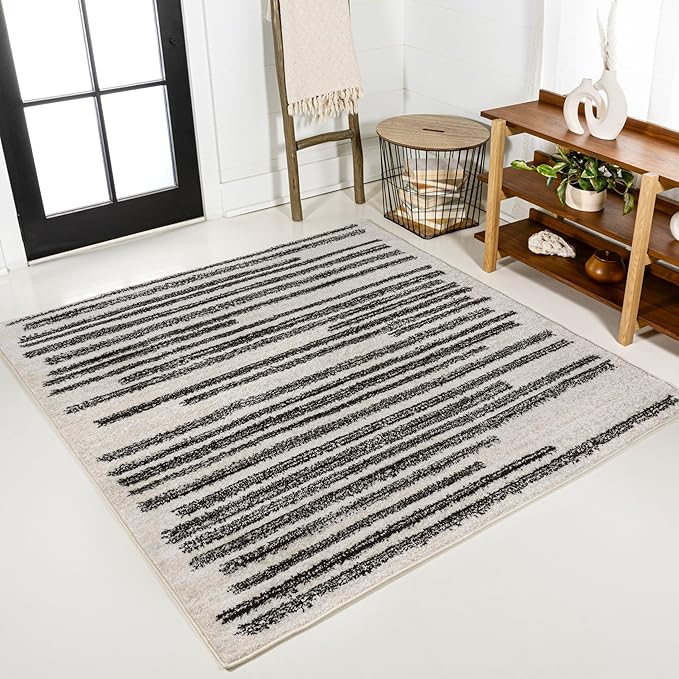 JONATHAN Y Khalil Modern Berber Stripe Cream/Black 5x5 Square Indoor Area Rug, Contemporary, Bohemian, Easy-Cleaning for Living Room, Bedroom, Kitchen, Pet Friendly, Non-Shedding (MOH207A-5SQ)