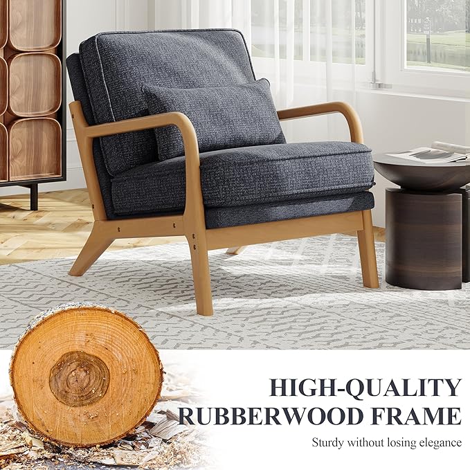 Accent Chair Set of 2 with Solid Wood Frame, Mid-Century Relaxing Armchair Lumbar Pillow& Soft Cushion, Reading Leisure Chair for Living Room, Bedroom, Waiting Room-Blue