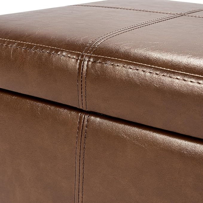 Adeco Faux Leather Storage Ottoman Bench for Living Room & Bedroom, Coffee Brown Cube Footrest Stool with Hidden Storage, Modern Accent Furniture, 17.3 Inch, Sturdy & Comfortable Seating