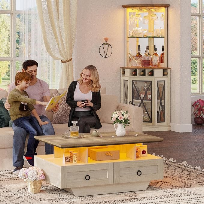YITAHOME Farmhouse LED Coffee Table with Storage 4 Drawers, Wood Coffee Tables for Living Room, 2 Tiers Open Display Area with Metal Chic Handles, Industrial Cocktail Center Table, Brown and Oak