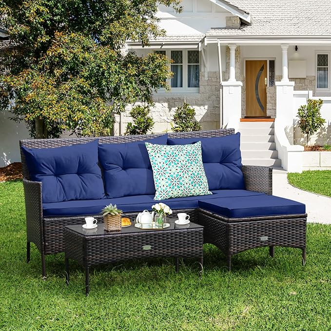 Tangkula 3 Pieces Patio Conversation Set, All Weather Outdoor PE Rattan Wicker Furniture Set with Padded Cushions, Tempered Glass Coffee Table, for Poolside, Backyard, Garden (Navy)