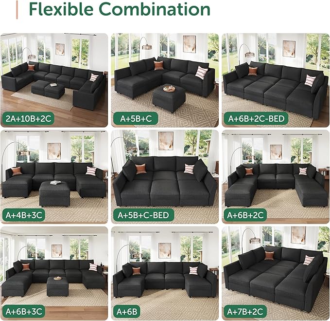 HONBAY Modular Sectional Sofa Sleeper Couch with Storage Modular Couch Convertible Couches for Living Room - Linen Grey