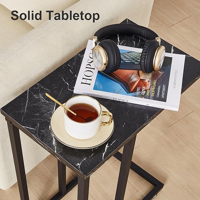 VECELO C Shaped End Side Table for Sofa Couch and Bed Snack TV Tray for Living Room Bedroom, 2 PCS, Black Marble