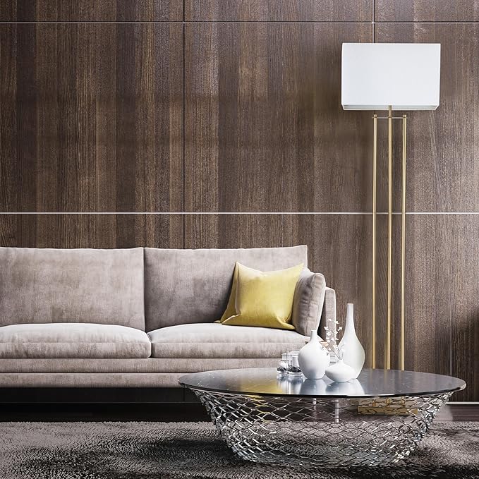 Globe Electric x Novogratz 67775 62" Floor Lamp, Matte Brass, White Linen Shade, Rotary Switch on Socket, Minimalist Lighting for Living Room, Bedroom or Office, Tall Corner Reading Light