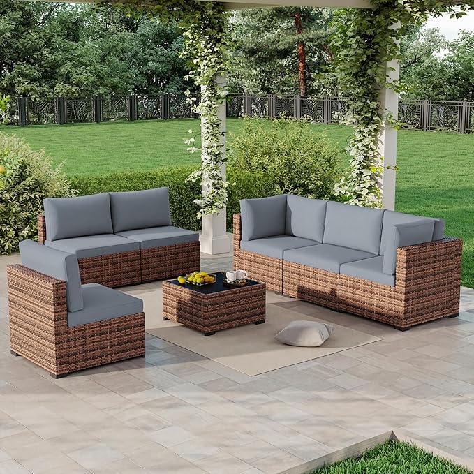 LHBcraft 7 Pieces Outdoor Wicker Rattan Patio Furniture, Wicker Rattan Outdoor Sectional Sofa Set with Coffee Table & Blue Cushions for Garden, Poolside