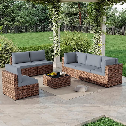 LHBcraft 7 Pieces Outdoor Wicker Rattan Patio Furniture, Wicker Rattan Outdoor Sectional Sofa Set with Coffee Table & Blue Cushions for Garden, Poolside