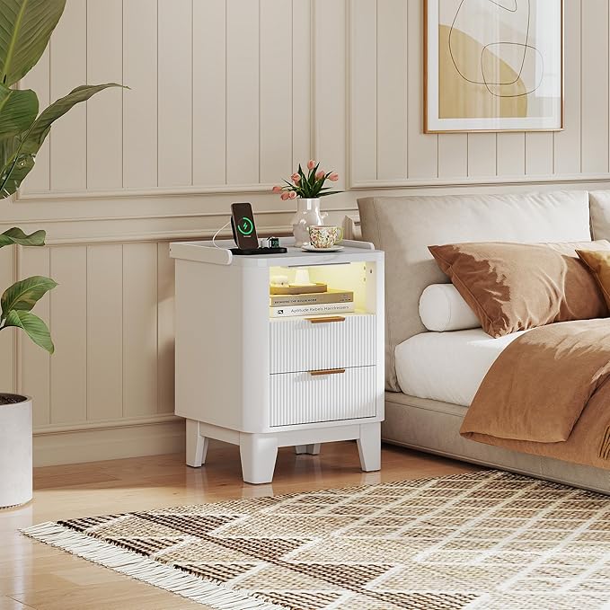 Night Stand with Charging Station, Fluted Nightstand with 2 Drawers and LED Light, Wood Bedside Table with Open Storage for Bedroom, White