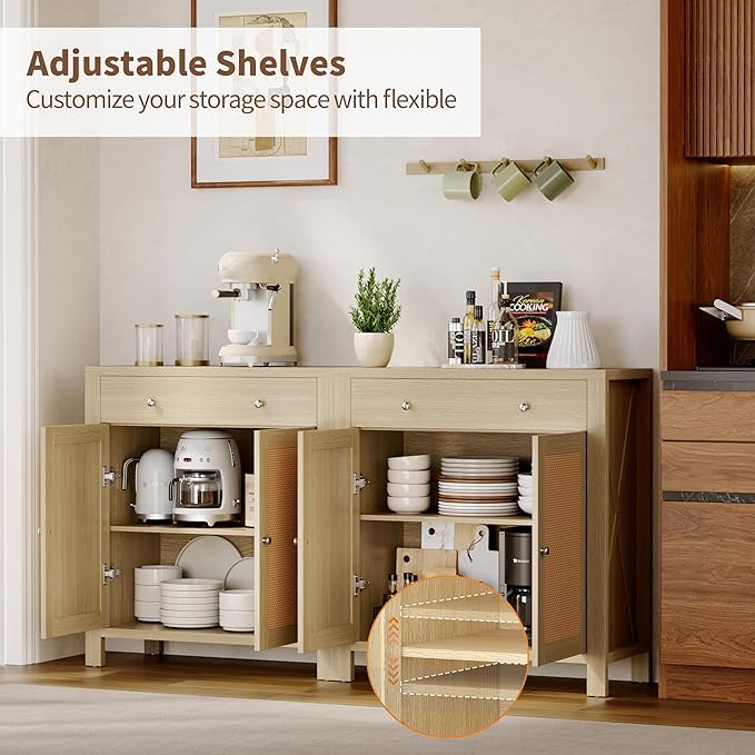 31" Sideboard Buffet Cabinet, Farmhouse Kitchen Buffet Cabinet with Storage and Drawers, Cabinets with Doors and Adjustable Shelves, Rattan Sideboard Storage Cabinets for Kitchen, Living Room