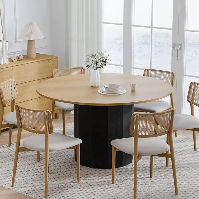 Modern Round Dining Table for 6 People, Casaphoria 52 Inch Wood Top & Black Base, Two-Tone Design for Dining Room