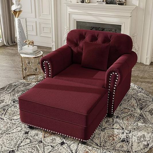 KEIKI 41" Velvet Chesterfield Sofa with Rolled Arms & Nailhead Trim & 1 Ottoman, Modern 1-Seater Button Tufted Couch with High Resilience Cushion & 1 Pillow, Easy Assembly, for Living Room, Burgundy