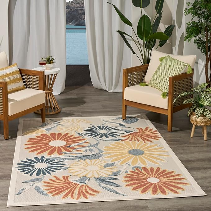 Nourison Home Aloha Ivory Rose 3'6" x 5'6" Area Rug - Easy Clean, Non Shedding, Bed Room, Living Room, Dining Room, Kitchen (4' x 6')