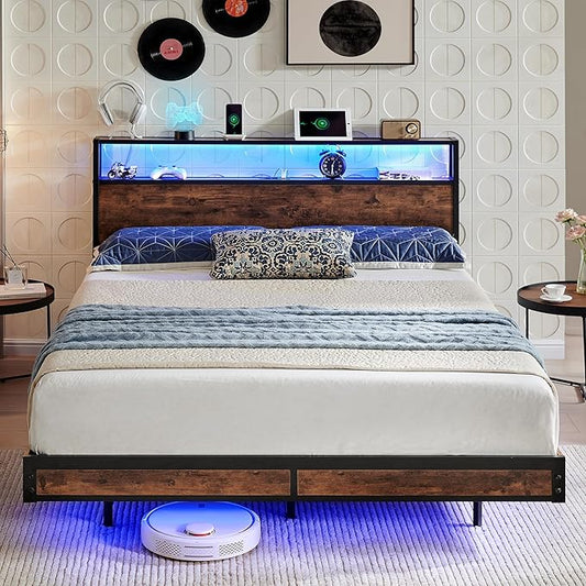 BedsPick Queen Bed Frame with 2-Tier Storage Headboard, Metal Platform Queen Size Bed Frame with Smart LED Lights & USB Charging Station, Noise-Free/Metal Support/No Box Spring Needed, Brown
