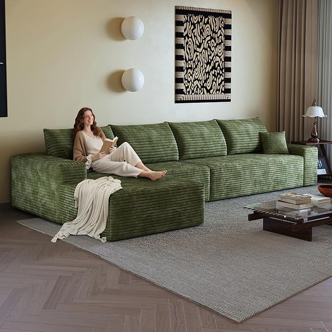 135" Corduroy Couch Sectional with Chaise, L Shape Boneless Cloud Couches for Living Room Bedroom, Modular Corner Couch, Fluffy Deep Seat Compression Sofa, Left Facing Chaise, No Assembly, Green