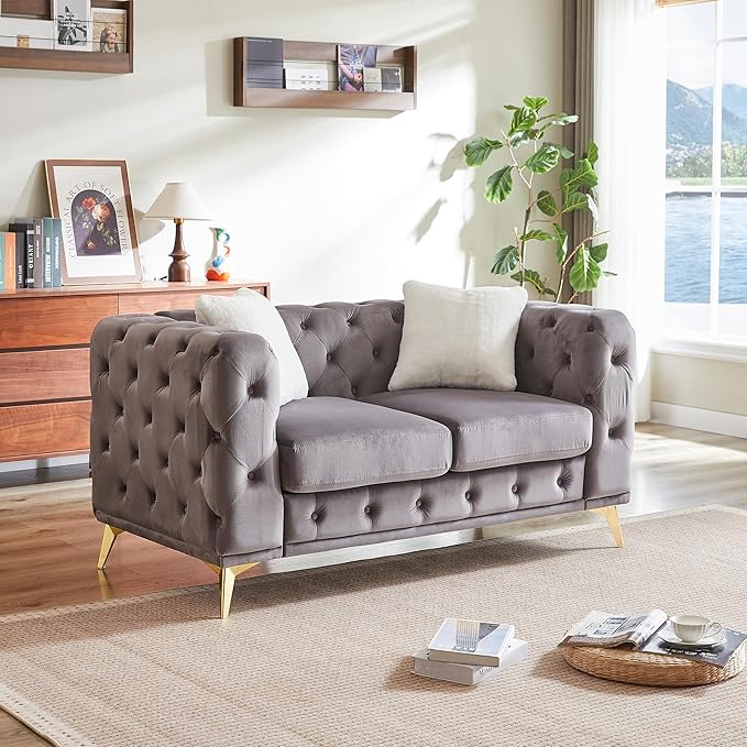 KEIKI 61" Luxury Oversized Velvet Chesterfield Sofa with 2 Pillows, Mid-Century Style 2-Seater Tufted Buttons Couch with High-Density Foam Cushions, Easy Assembly, for Apartment, Living Room, Grey