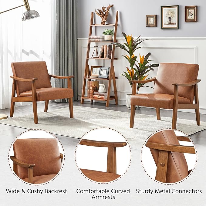 Yaheetech PU Leather Accent Chair, Mid-Century Modern Armchair with Solid Wood Legs, Reading Leisure Chair with High Back for Living Room Bedroom Waiting Room, Light Brown