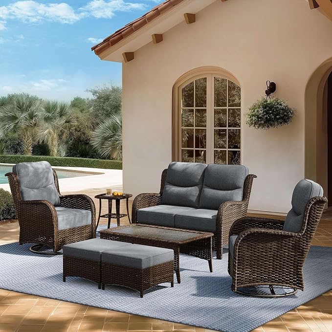 High Back Outdoor Furniture with Extra Thick Cushion Patio Swivel Rocking Chairs, Comfort Loveseat, 7PCS Oversized Wicker Conversation Set for Porch, Deck, Yard in Dark Gray